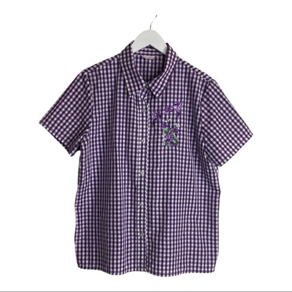 Vintage Gingham Print Lilac Purple Button Down Hummingbird Shirt Size L